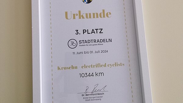 Certificate for 3rd place in the Abensberg City Cycling competition.