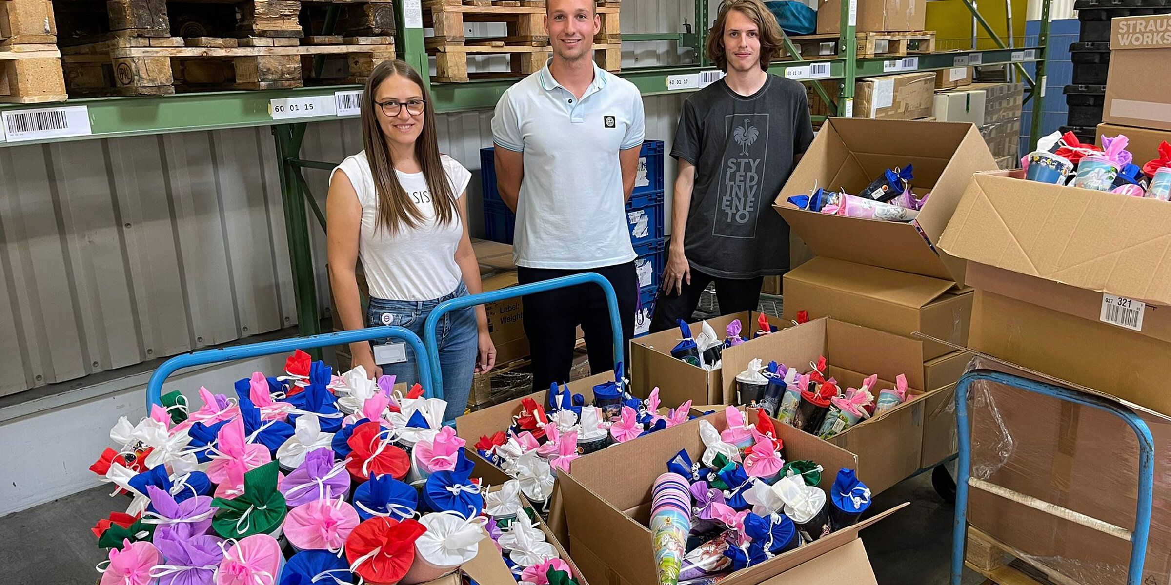 Trainees with the finished school bags for Ukraine