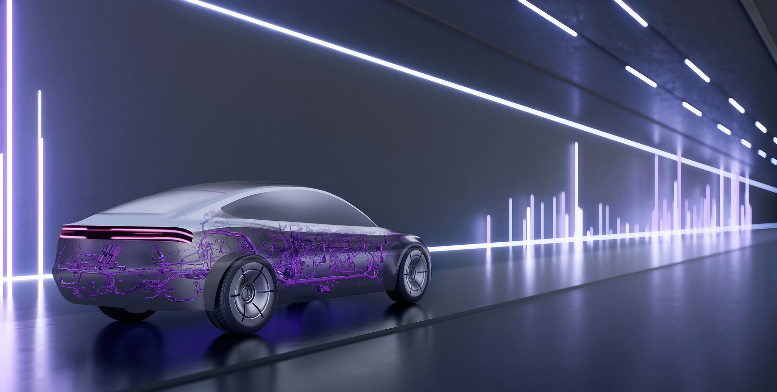 3D-Modell eines lila Bordnetztes in einem futuristischen Auto.